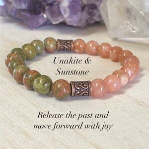 8mm Unakite and Sunstone Half and half style Gemstone Bracelet